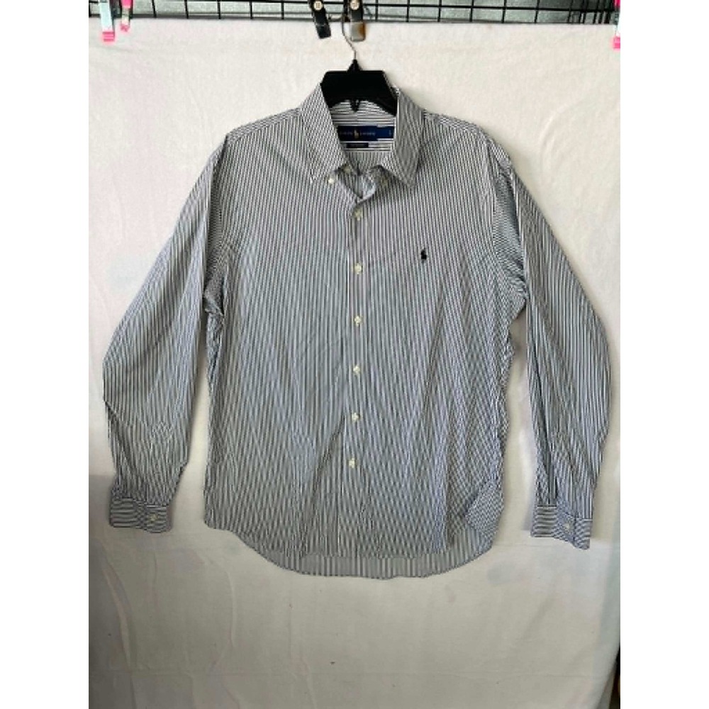 Ralph Lauren Performance Mens Large Striped Button Down Shirt Navy Blue White